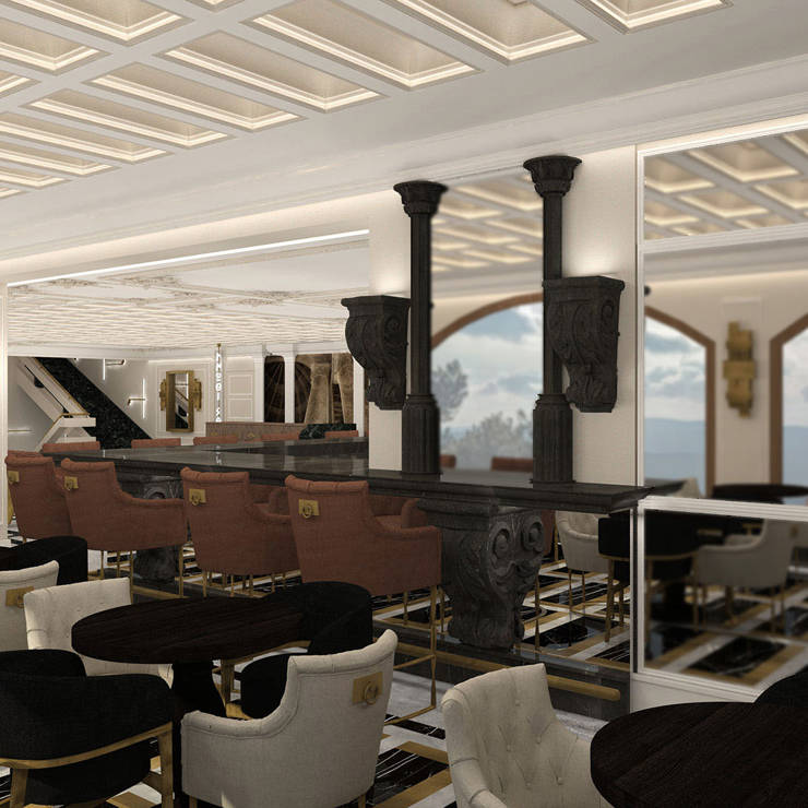 Elegant lobby bar with classical black columns, panoramic mountain views, and refined seating in Royal Marmin Arachova