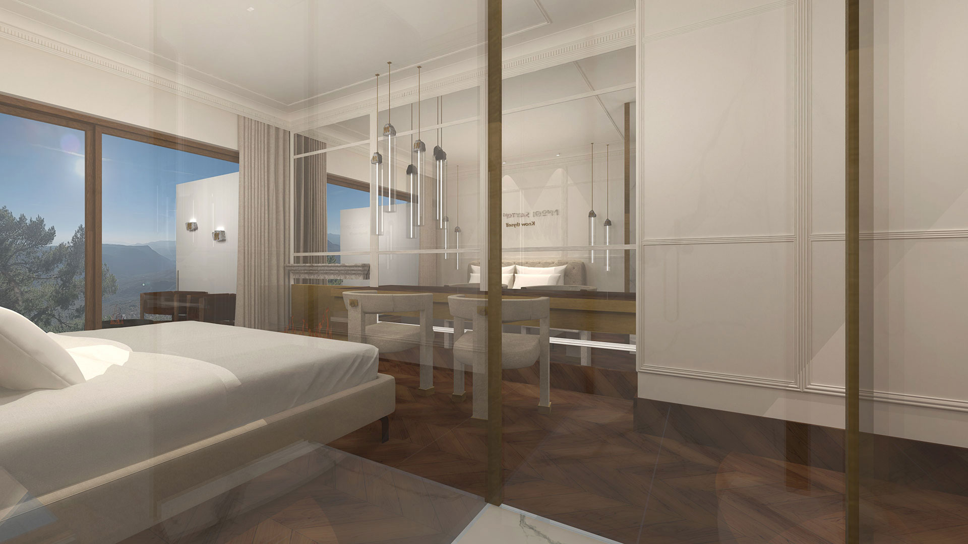 Cozy mountain-view room with soft lighting, modern furnishings, and panoramic windows