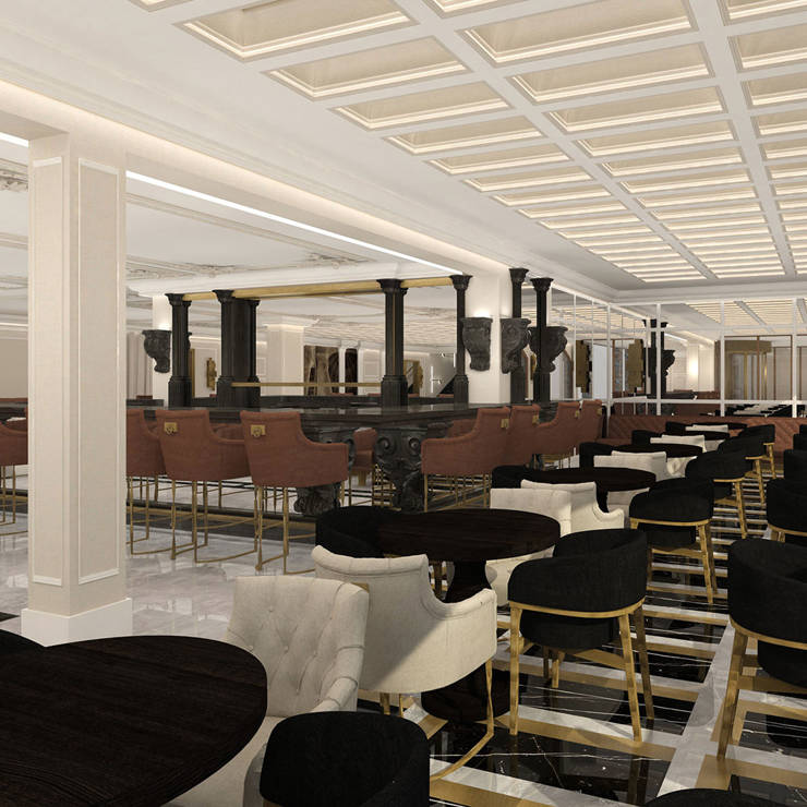 Refined lobby bar area with elegant seating, marble flooring, and classic columns in Royal Marmin Arachova