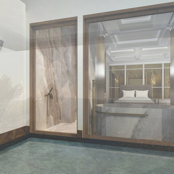 Private outdoor plunge pool with view into the elegant marble and gold bedroom interior