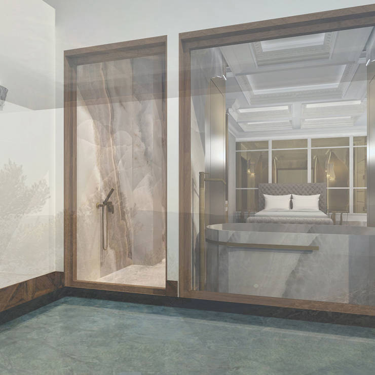 Private outdoor plunge pool with view into the elegant marble and gold bedroom interior