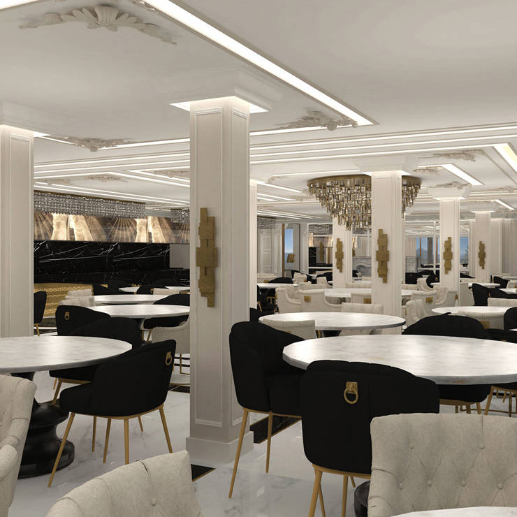 Restaurant interior in Royal Marmin Arachova with mountain views, black seating and round tables