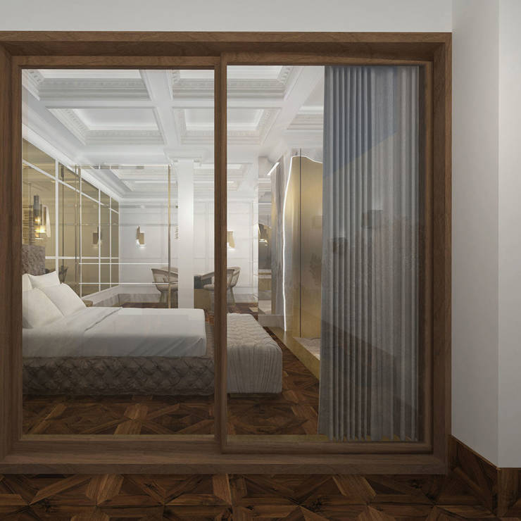 Elegant bedroom view through glass sliding doors with gold and marble interior design in Royal Golden Suite