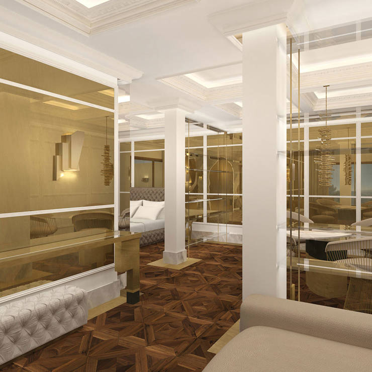Luxurious open-plan suite with soft beige seating, marble floors, and golden glass partitions