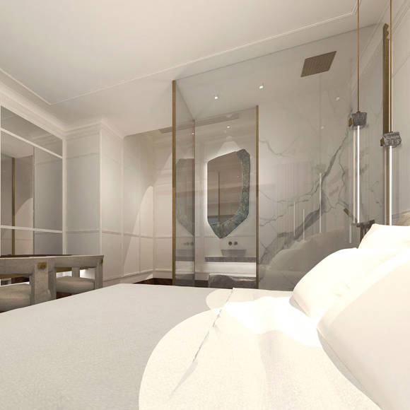 Modern cozy room with marble shower, elegant lighting, and warm minimalist design in Royal Marmin Arachova