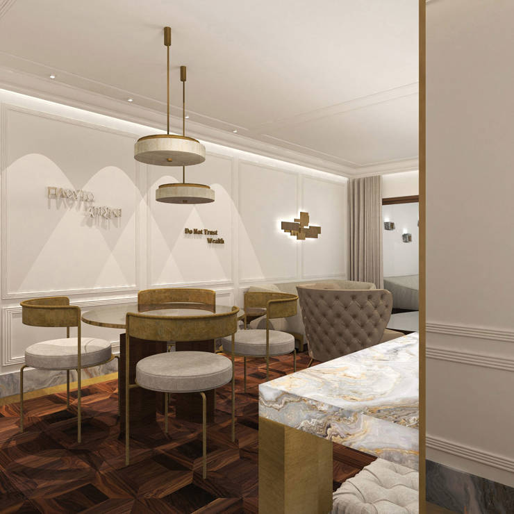 Elegant dining and lounge area with marble surfaces and gold accents in the Presidential Blue suite