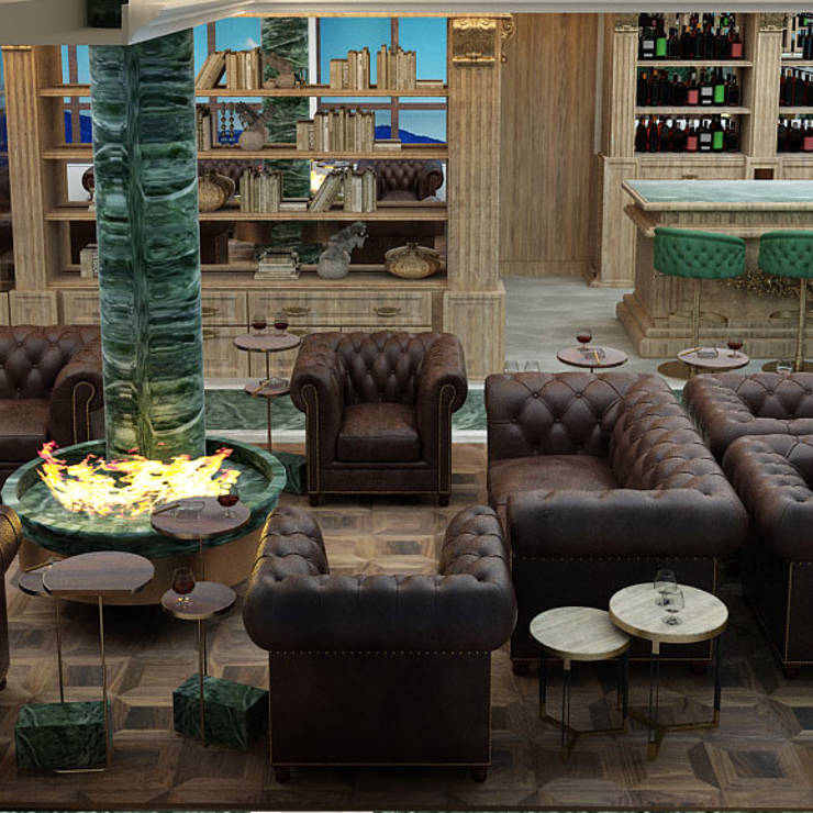 Elegant cigar room with leather armchairs, marble fireplace, and bar area in Royal Marmin Arachova