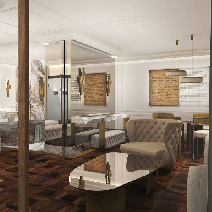 Sophisticated lounge and bedroom area with marble decor and gold details in Presidential Blue Suite