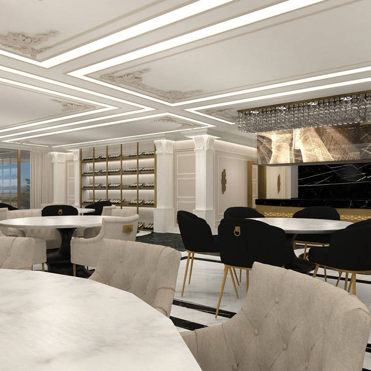 Bright spacious restaurant in Royal Marmin Arachova restaurant with round tables and luxurious seating