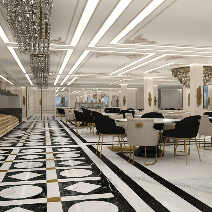 Marble luxurious geometrical flooring in Royal Marmin Arachova restaurant with luxurious seating