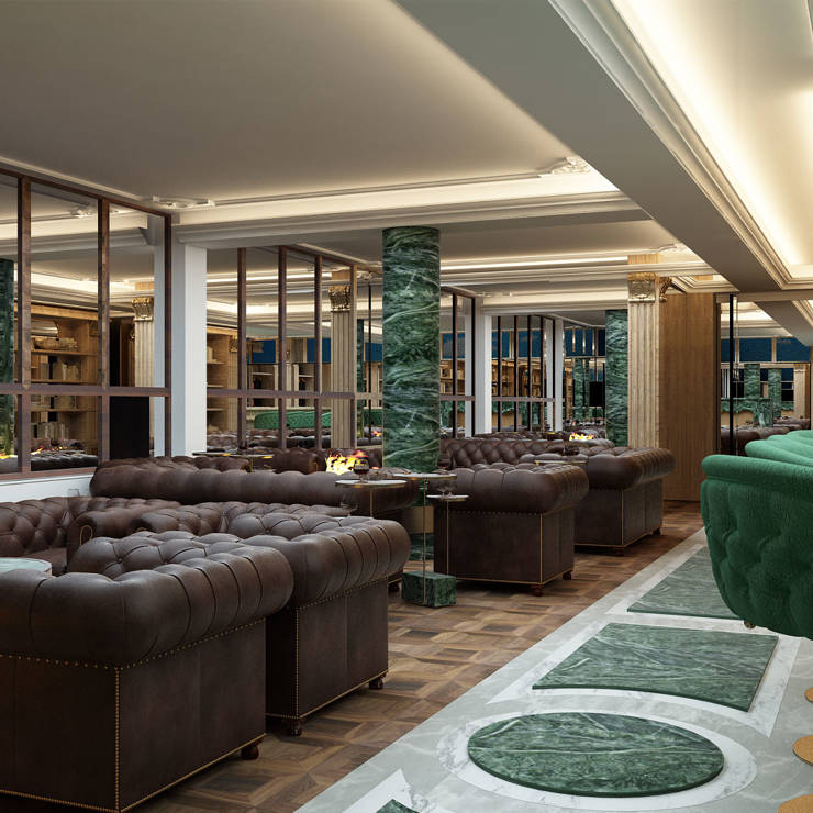 Elegant cigar lounge with leather sofas, marble pillars, and refined bar seating in Royal Marmin Arachova