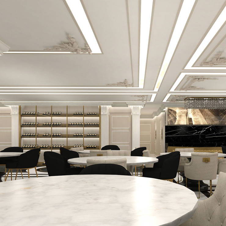 Royal Marmin Arachova restaurant interior with wine display rack, gold accents and marble floors