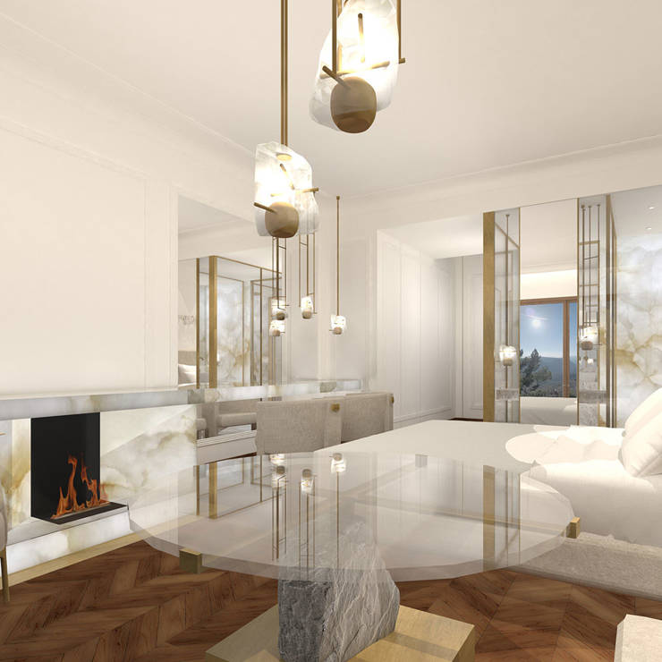 Deluxe room with fireplace, marble details, and elegant seating area overlooking the mountains