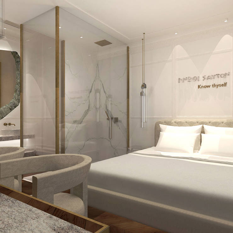 Minimalist cozy room with marble bathroom, warm lighting, and elegant neutral tones in Royal Marmin Arachova