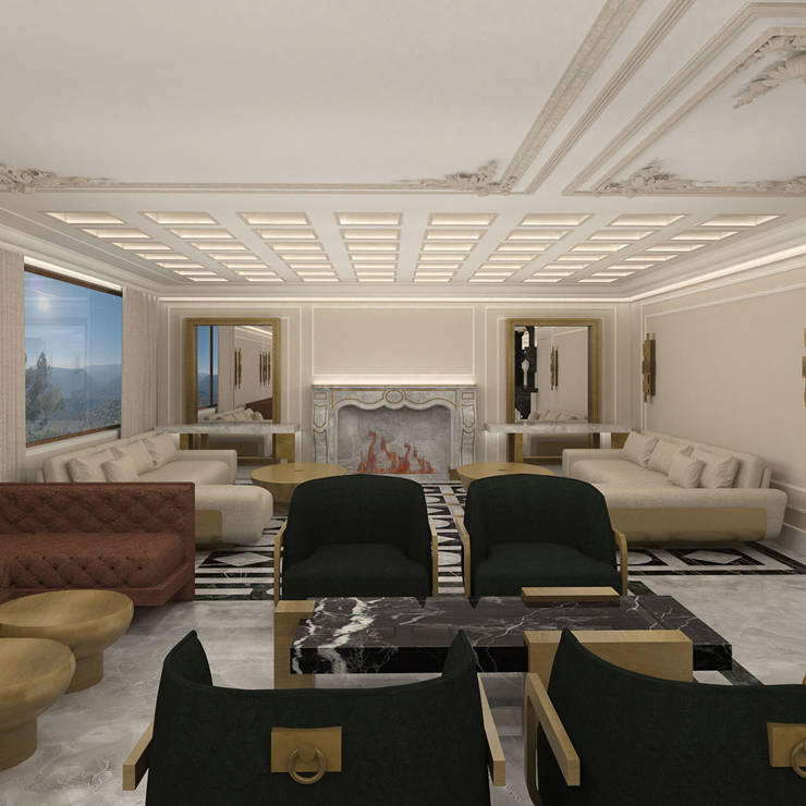 Luxurious lobby with elegant sofas, marble fireplace, and refined ceiling details in Royal Marmin Arachova