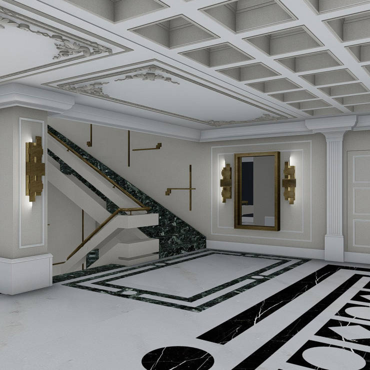 Refined lobby interior with marble staircase, golden wall sconces, and geometric black-and-white flooring