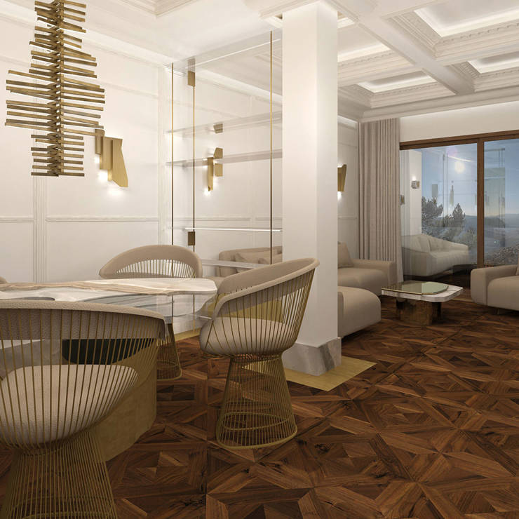 Sophisticated dining area with marble table, gold-accented chairs, and modern lighting beside a cozy lounge