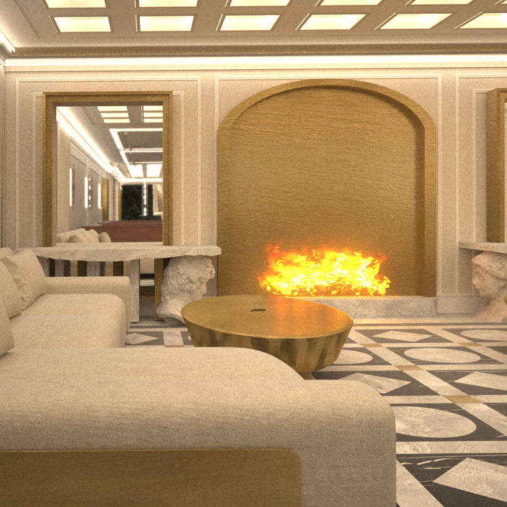 Luxurious hotel lounge with cream sofas, gold accents, and a glowing fireplace centerpiece
