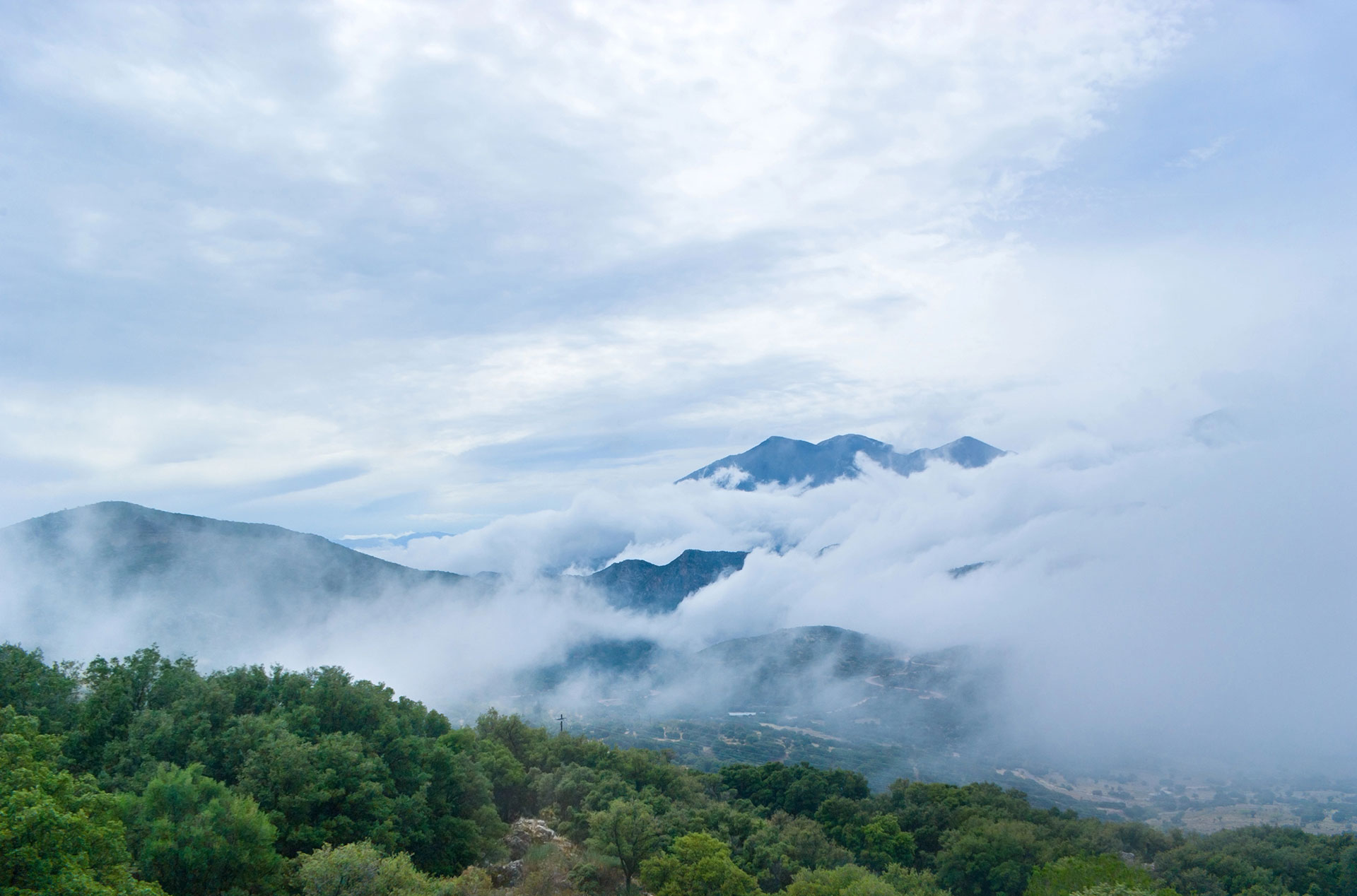 Misty view of Mount Parnassus covered in clouds and forested slopes