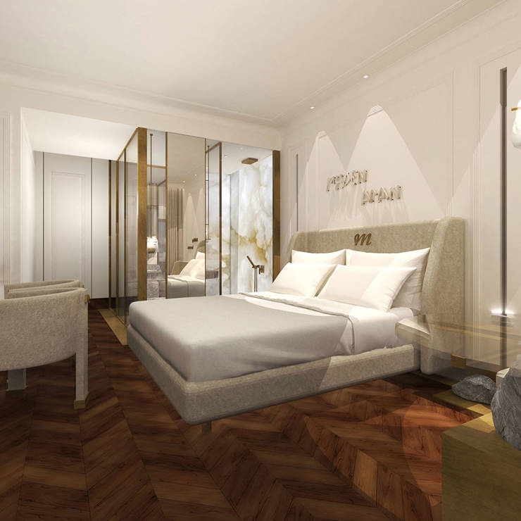 Spacious deluxe mountain-view room with soft lighting, marble accents, and elegant modern design