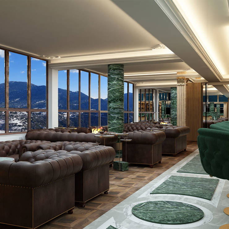 Luxury cigar lounge with leather seating, marble columns, and panoramic mountain views in Royal Marmin Arachova
