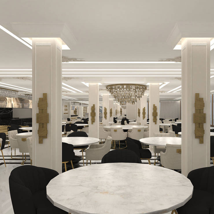 Royal Marmin Arachova restaurant interior with marble columns, golden chandelier, black chairs and round tables