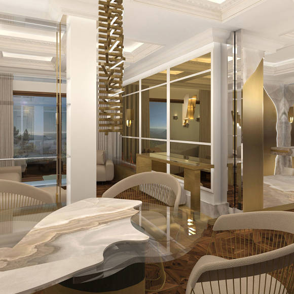 Elegant dining and lounge area with marble table, golden accents, and large windows overlooking the mountains