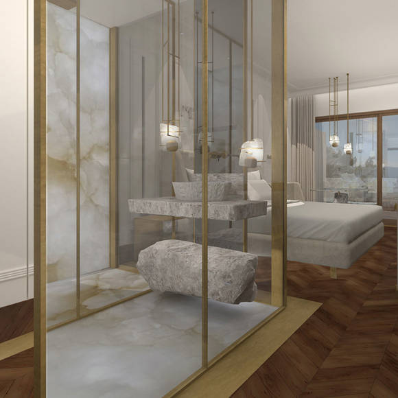 Deluxe room with marble bathroom, modern lighting, and panoramic mountain view in Royal Marmin Arachova