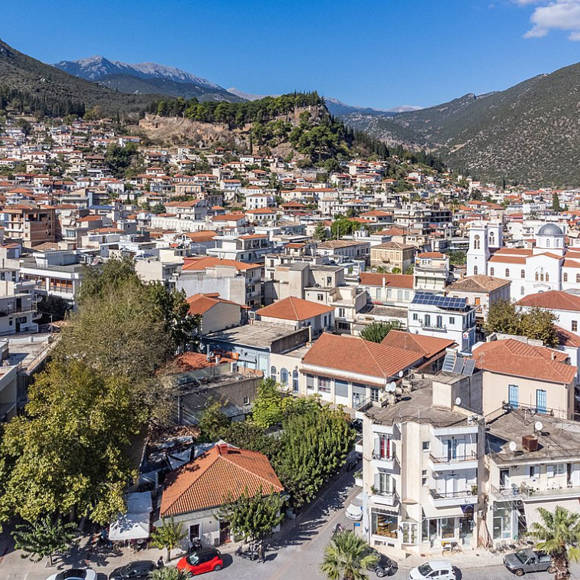 Panoramic view of Amfissa town nestled between mountains