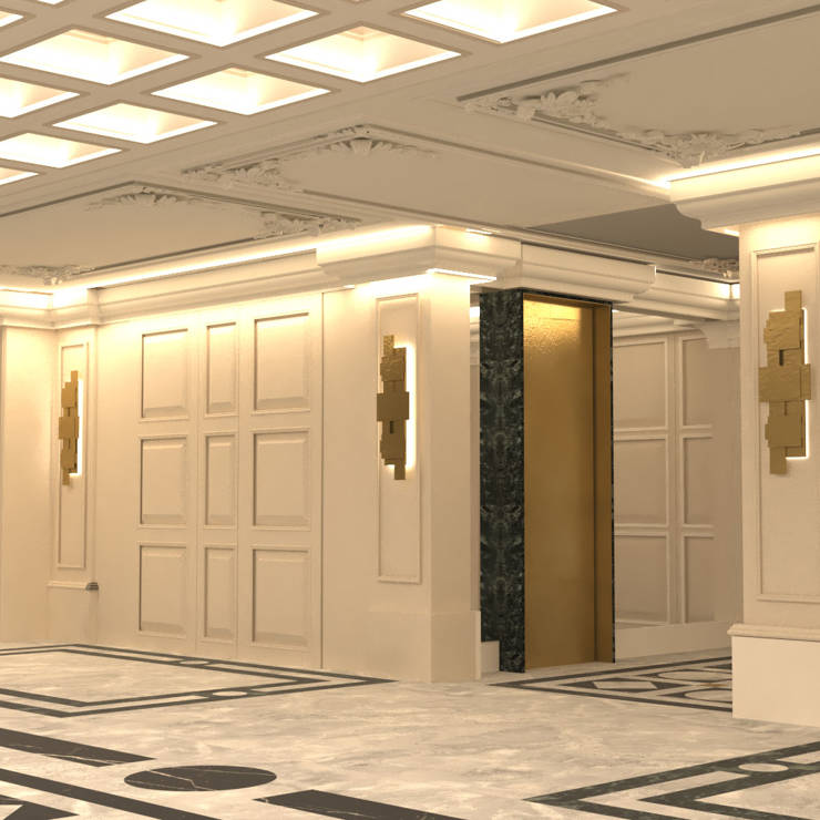 Elegant hotel corridor wit marble flooring, gold wall sconces, and detailed ceiling moldings in Royal Marmin Arachova