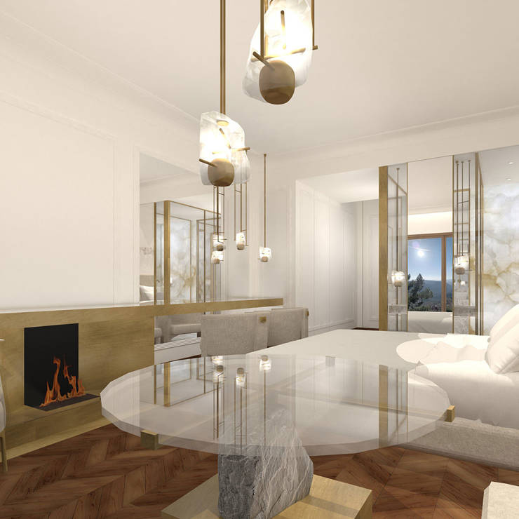 Luxurious deluxe room with fireplace, marble details, and elegant lighting overlooking the mountains