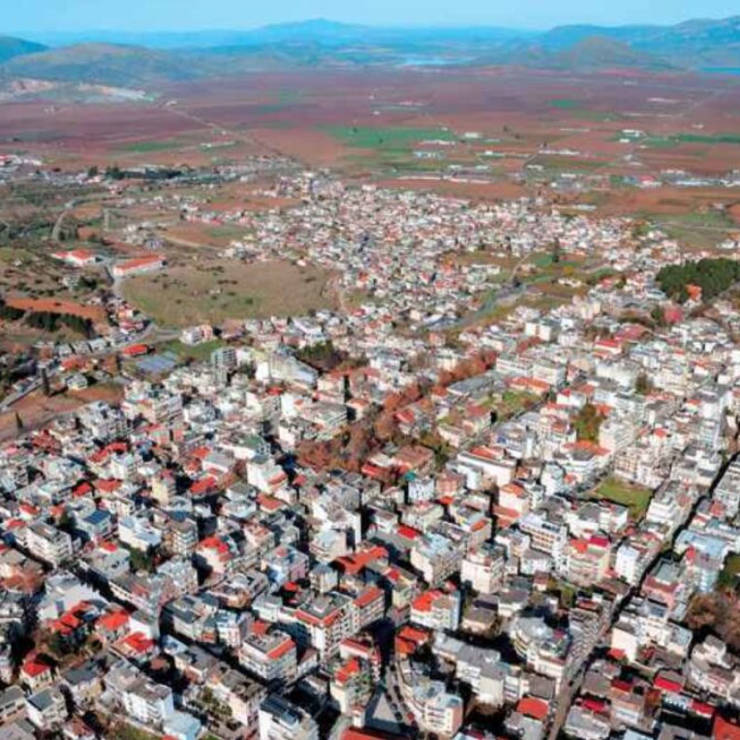Aerial view of Thebes town , showing rooftops and surrounding landscape
