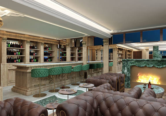 Refined cigar lounge with marble fireplace, leather sofas, and elegant bar area in Royal Marmin Arachova