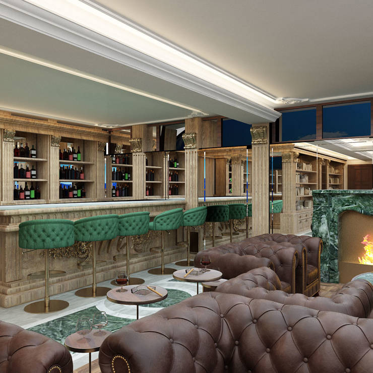 Refined cigar lounge with marble fireplace, leather sofas, and elegant bar area in Royal Marmin Arachova