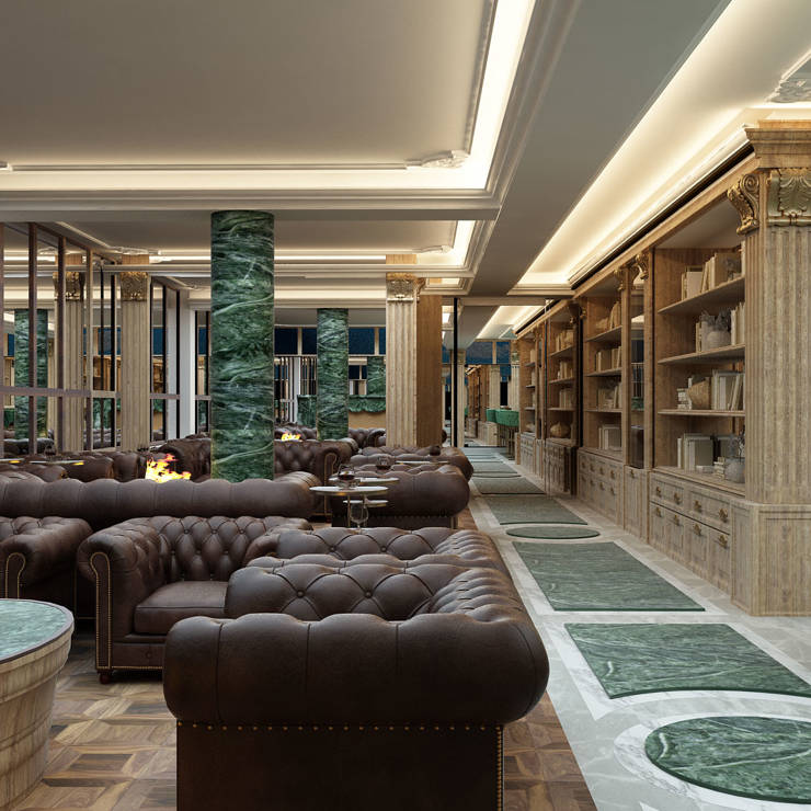 Opulent cigar lounge with leather seating, marble details, and classic wooden interiors in Royal Marmin Arachova