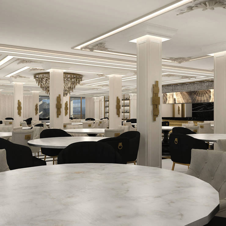 Elegant Royal Marmin Arachova bright restaurant interior with large windows with mountain views