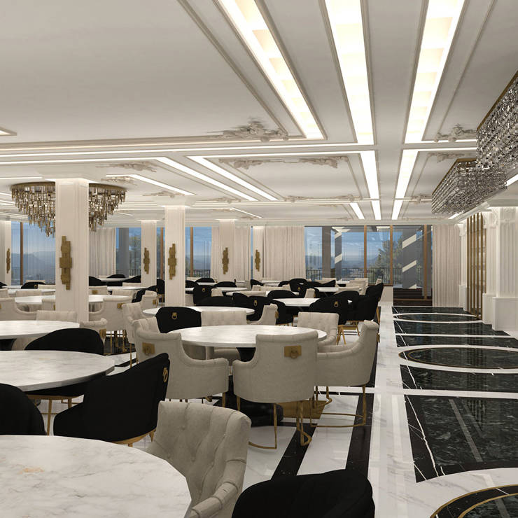 Royal Marmin Arachova's luxurious restaurant interior with marble floors with geometrical design 