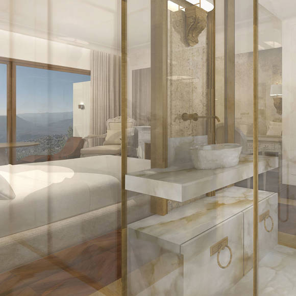 Deluxe mountain-view room with marble bathroom, soft lighting, and elegant neutral tones in Royal Marmin Arachova