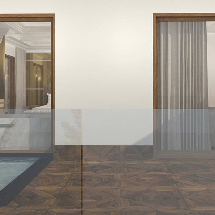 Private outdoor area with heated plunge pool and direct view into the marble and gold suite interior 